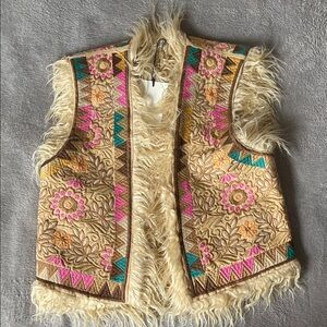 NWT Spell Rue Embroidered Faux Fur Vest